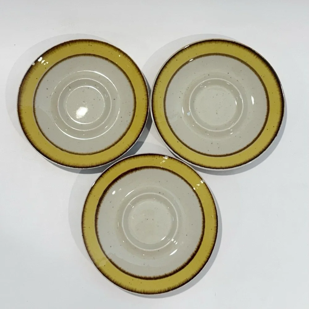 Vintage‎ Rainbow Stoneware Citron Yellow Rim Speckled Pattern 3pc Saucer Plates